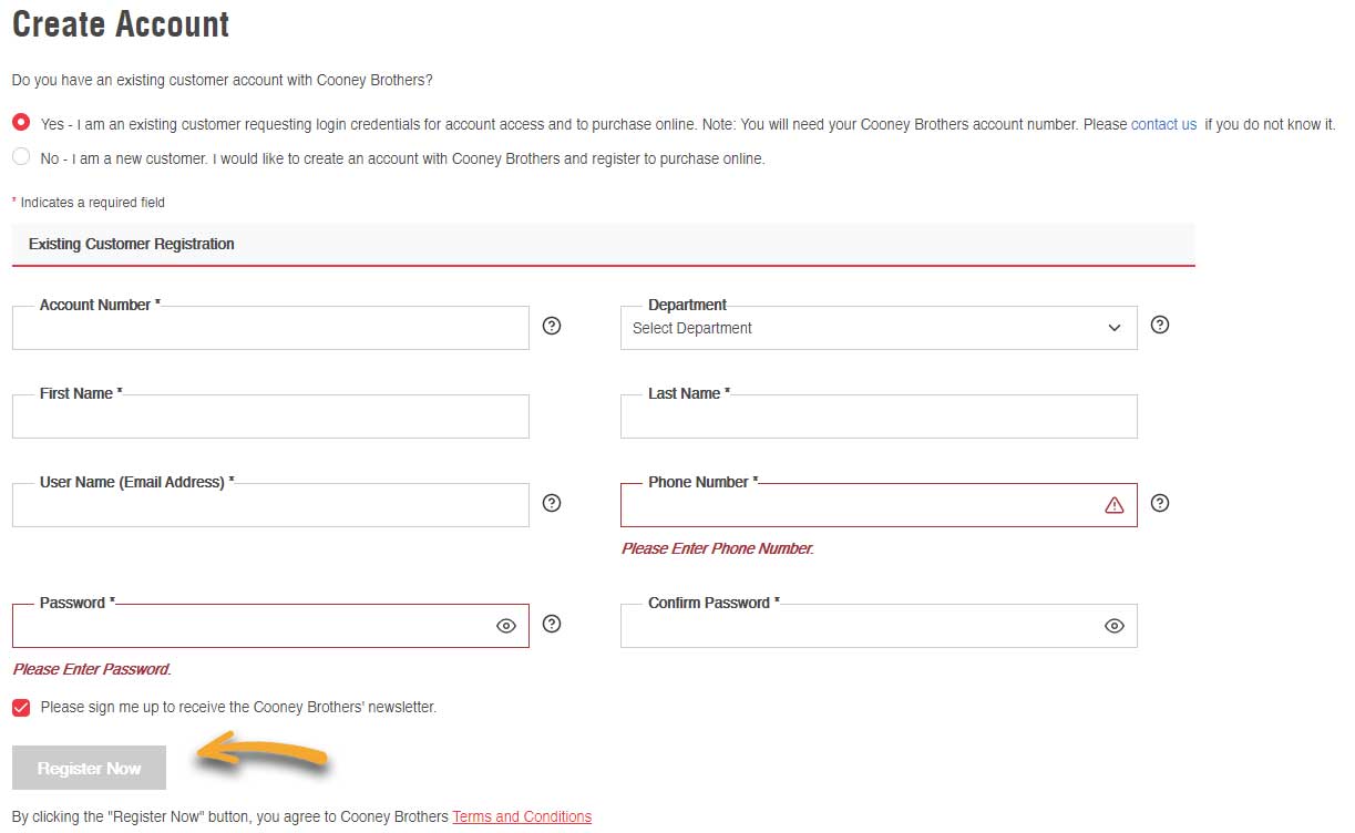 Existing Customer Registration Screen